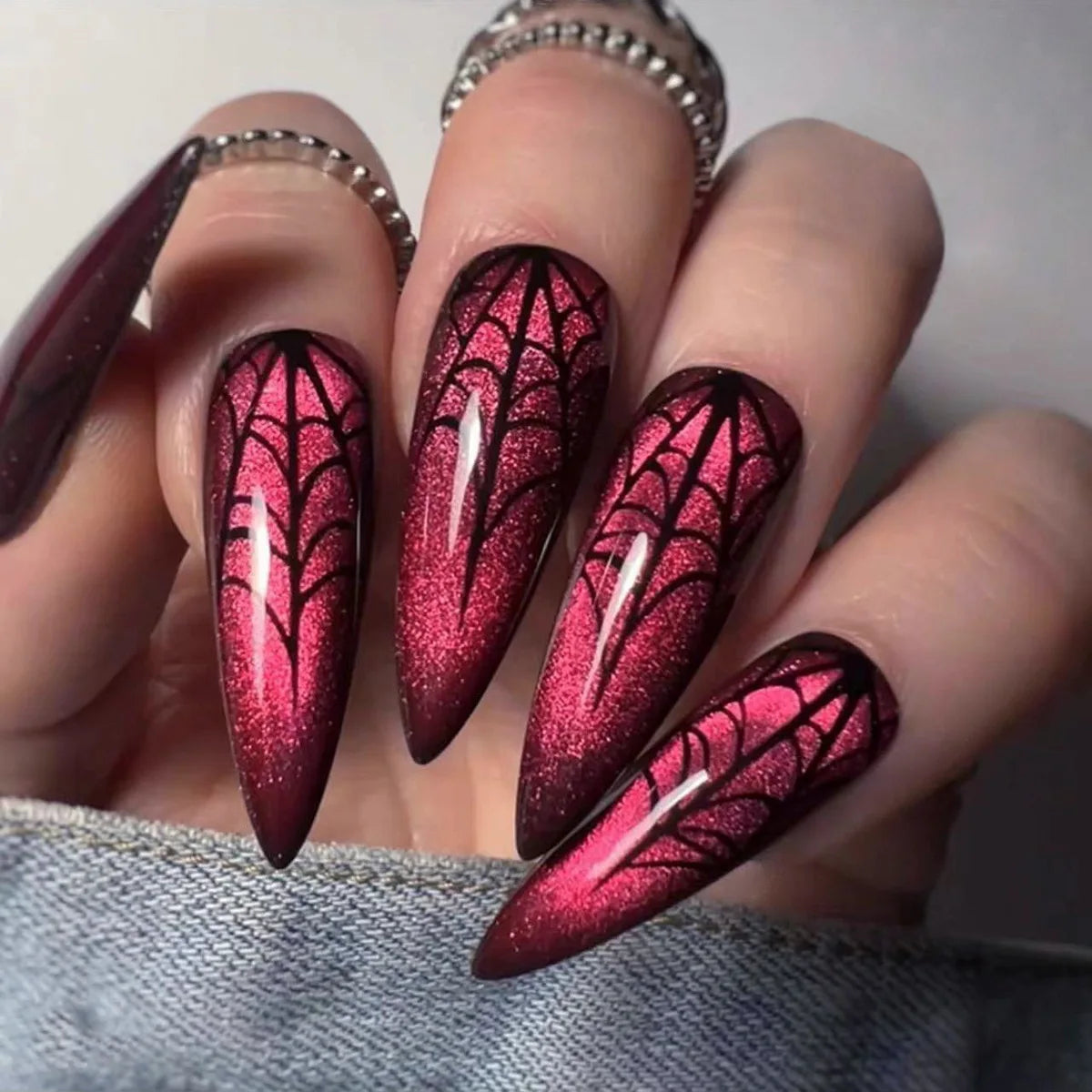 Horror Comic Press-On Nails – Glossy Black Almond Set with Japanese Anime Art