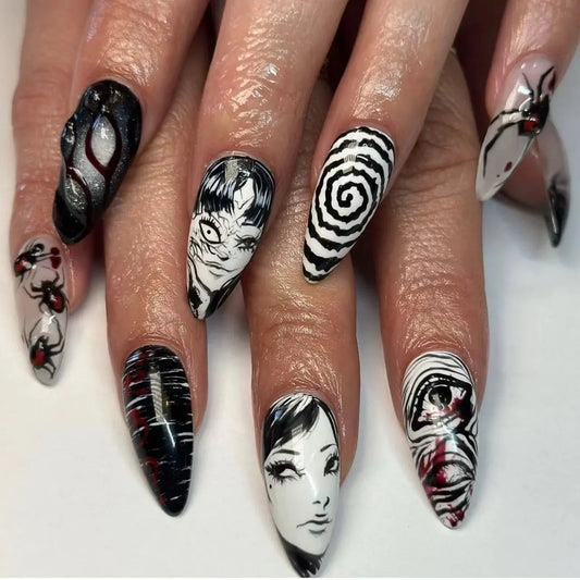 Horror Comic Press-On Nails – Glossy Black Almond Set with Japanese Anime Art