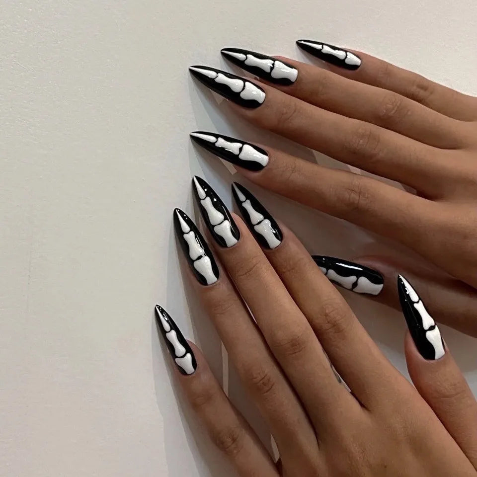 Horror Comic Press-On Nails – Glossy Black Almond Set with Japanese Anime Art