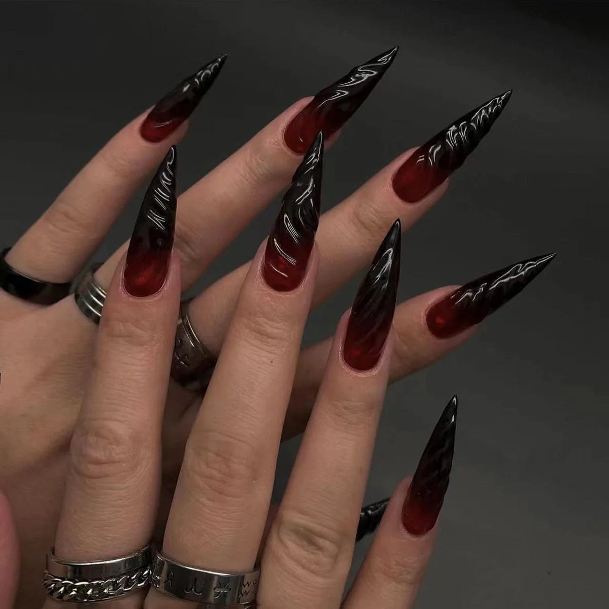 Horror Comic Press-On Nails – Glossy Black Almond Set with Japanese Anime Art